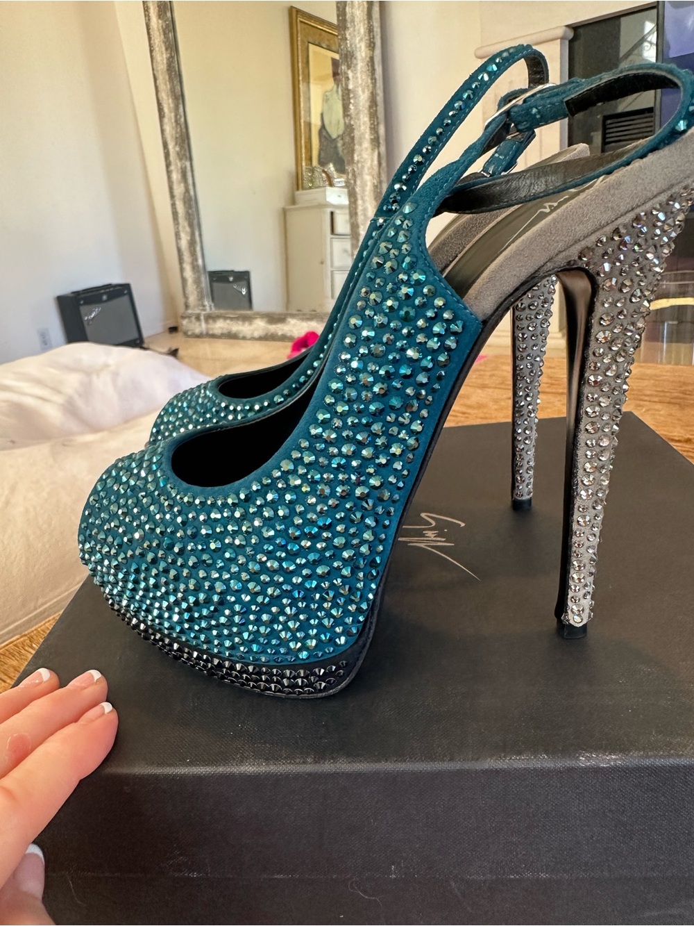 Giuseppe Zanotti Laguna/silver Swarovski Crystal Slingback Platform Heels 38.5 - Picture 5 of 12
